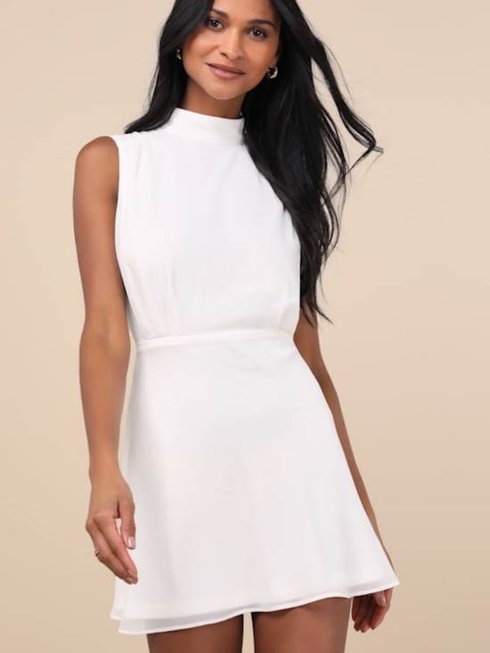 Lulus Dresses & Skirts - Lulus Classic Elegance White Chiffon Sleeveless Mock Neck Mini Dress - Size L